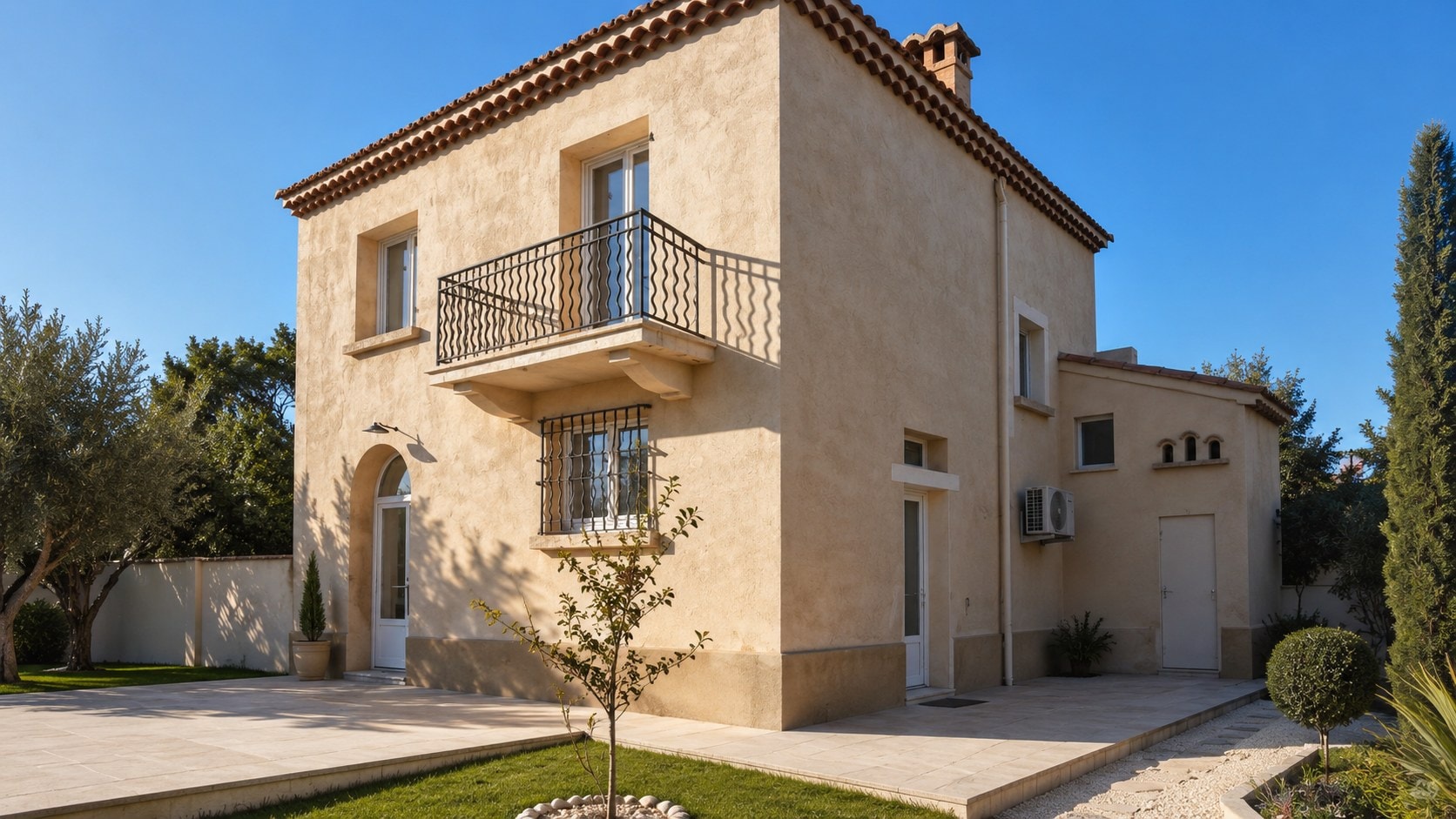 Villa provençale à l'enduit taloché crème, balcon en fer forgé et oliviers